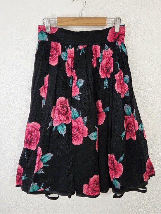 Vintage Dresses & Skirts - Vintage Mondi floral midi skirt black pink roses satin magenta tulle women's 42